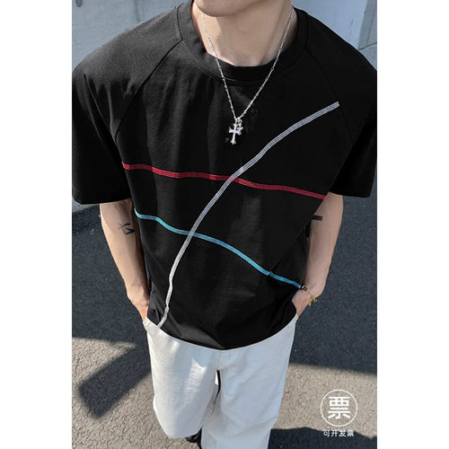 美式哈苏线拼接短袖T恤男款夏季薄款运动速干潮牌宽松插肩袖上衣