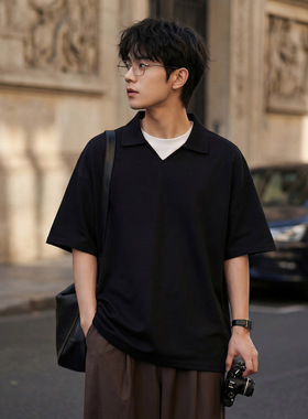 针织V领polo衫男夏季款复古纯色短袖T恤cleanfit宽松休闲半袖体恤