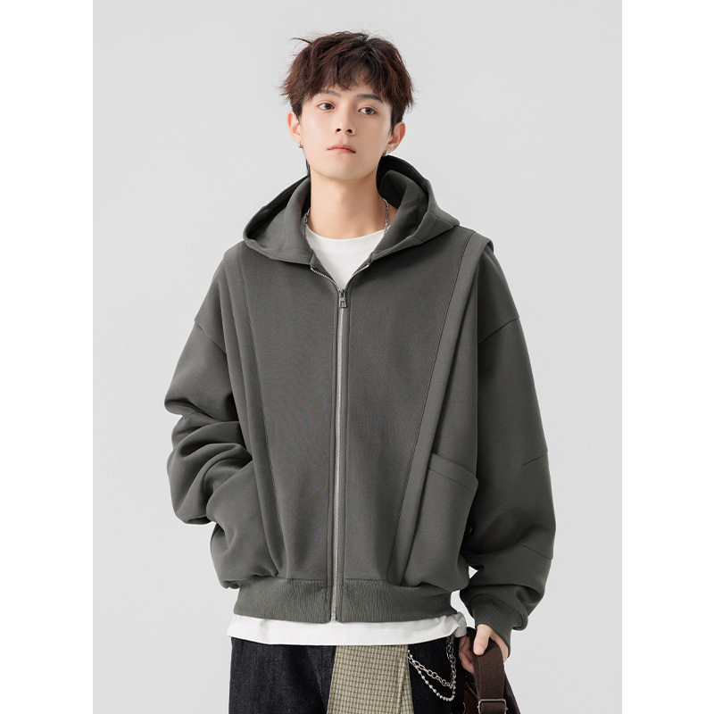 2025男士流行cleanfit解构480g重磅开衫短款连帽卫衣外套男