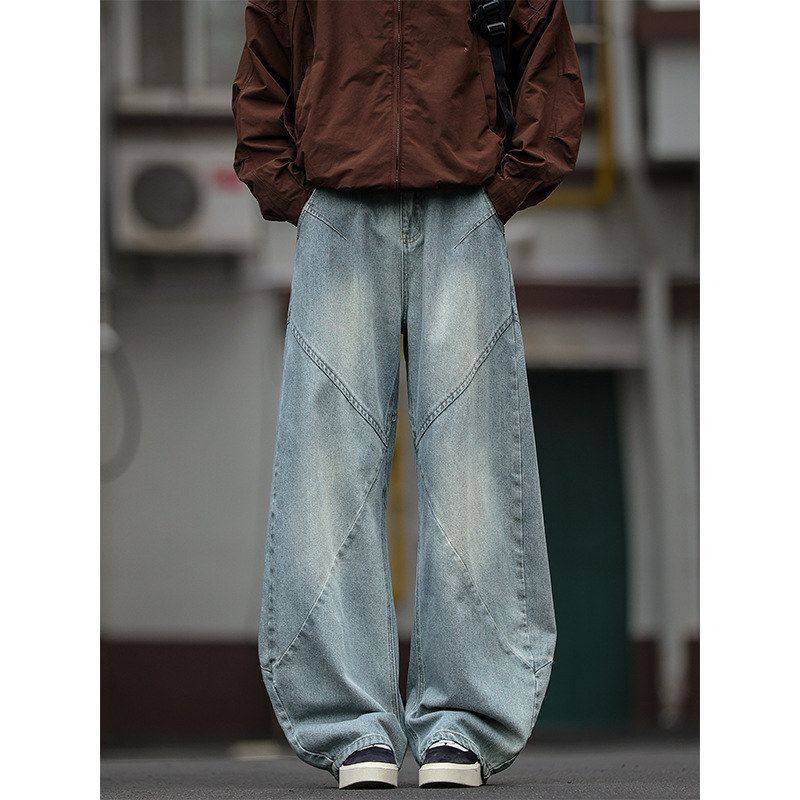 2025新款潮牌美式拼接水洗弯刀牛仔裤男复古宽松长裤
