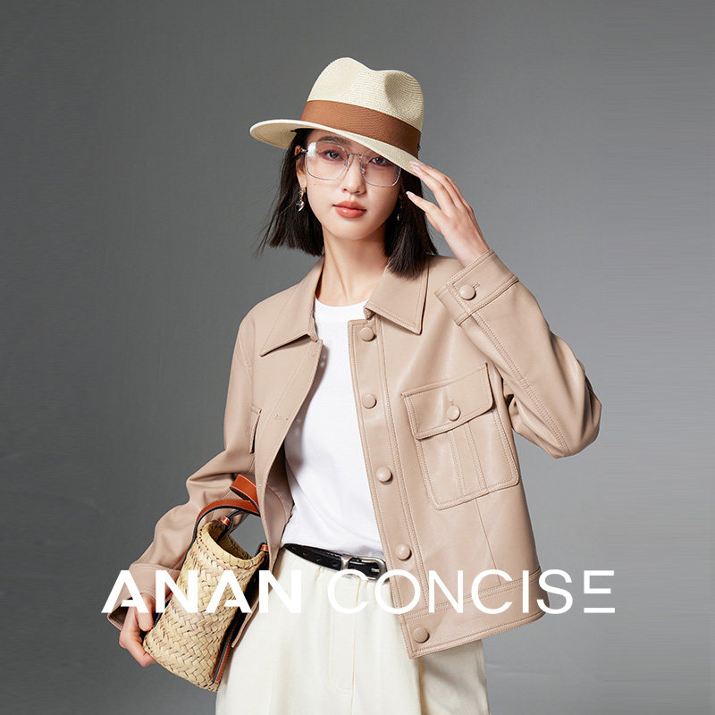 ANAN CONCISE 蛋白环保PU皮夹克复古仿羊皮短外套女春季莫兰迪3色