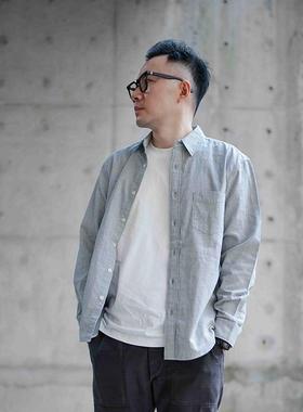 小溪条纹衬衫男潮日系简约长袖复古宽松衬衣百搭纯棉青年衬衫秋季