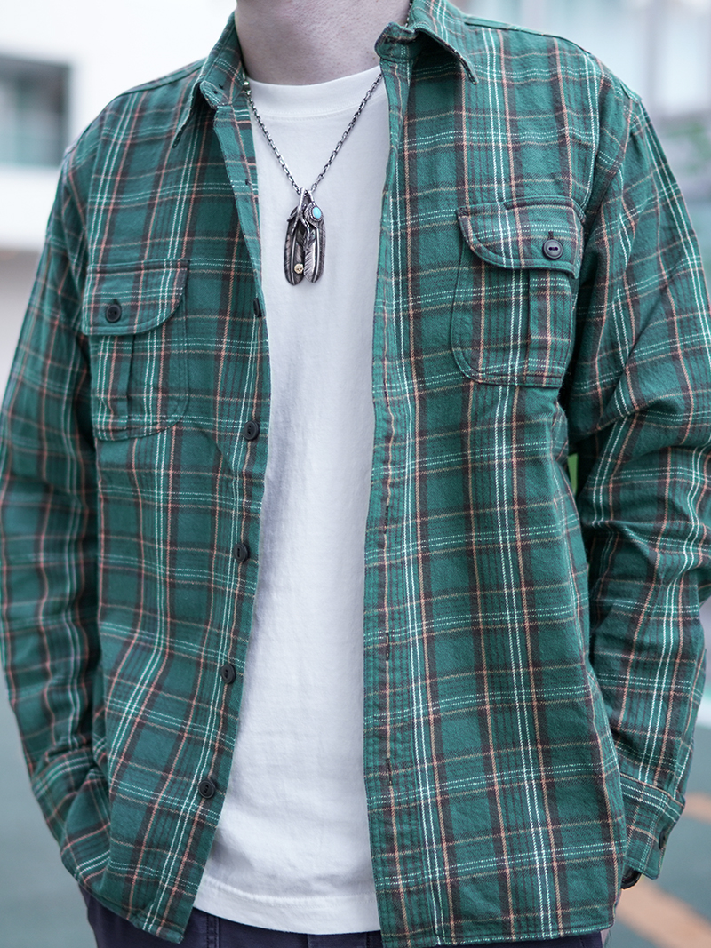 Bii&Free长袖复古绿格子美式复古