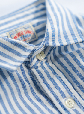 小溪2025秋款长袖衬衫男日系复古蓝白条纹衬衣复古宽松衬衣外套潮