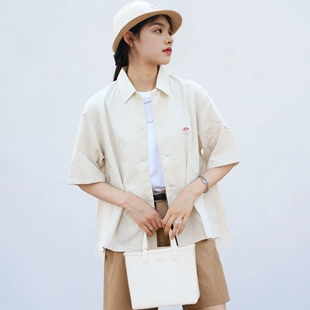 夏装新款日系danton小标刺绣格子纯色翻领短袖衬衫百搭休闲上衣女