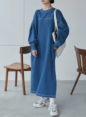 秋季新款日系CVA-ME明线撞色拼接口袋开衩长裙文艺复古长袖连衣裙