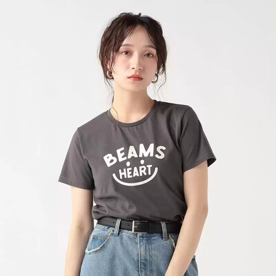 BEAMS字母笑脸印花短袖情侣款T恤