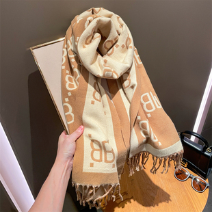 大牌字母B双面双色仿羊绒围巾女秋冬季长款保暖外搭披肩围脖两用
