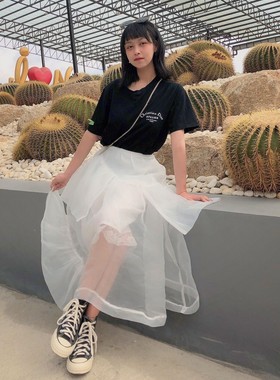 四季百搭不规则纱裙两件套 半身裙女随便搭配都好看的白色蓬蓬裙