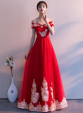 出租孕妇敬酒服新娘2026新红色一字肩高腰长款遮肚显瘦宴会晚礼服