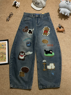 复古可爱卡通阔腿牛仔裤男女2025春季刺绣设计感潮牌宽松直筒裤子