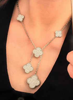 新款流苏大小四叶草项链满钻高品质毛衣链优雅气质晚宴礼服配饰