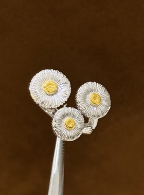 新款三朵花小雏菊戒指通体925纯银开口复古褶皱太阳花女戒布契风