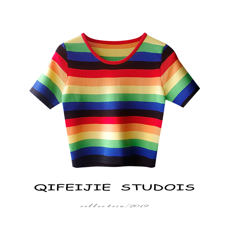 冰丝短袖短款撞色高腰上衣