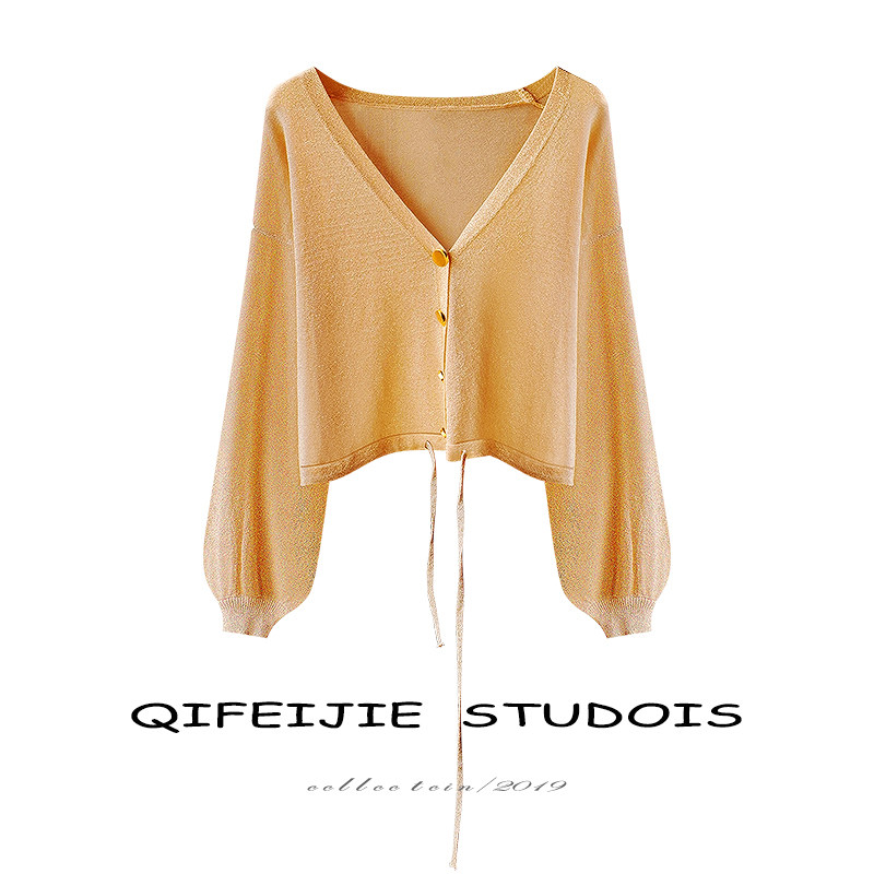 复古ins闪光亮丝冰丝针织开衫女夏法国慵懒灯笼袖短款高腰v领外套