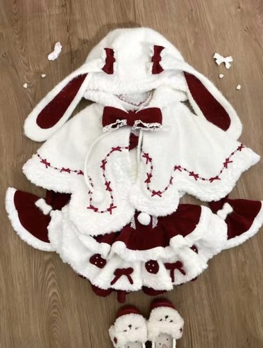 【现货】新年感雪顶草莓兔 冬季毛绒兔耳斗篷+红丝绒连衣裙