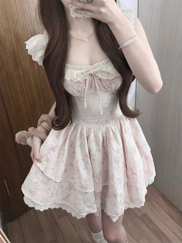 【现货】樱织花翎甜美小飞袖温柔碎花收腰连衣短裙