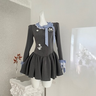 【现货】伦敦之夜 法式千金风蝴蝶结拼接格子立体亮片重工连衣裙