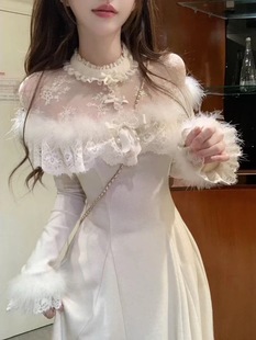 法式 月光礼赞 温柔风蕾丝拼接连衣裙女秋冬气质显瘦长裙 现货