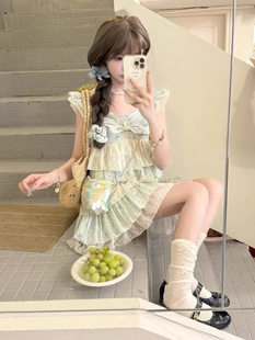 【现货】午后茶歇裙-夏新款甜美少女小飞袖蝴蝶结两色拼接连衣裙