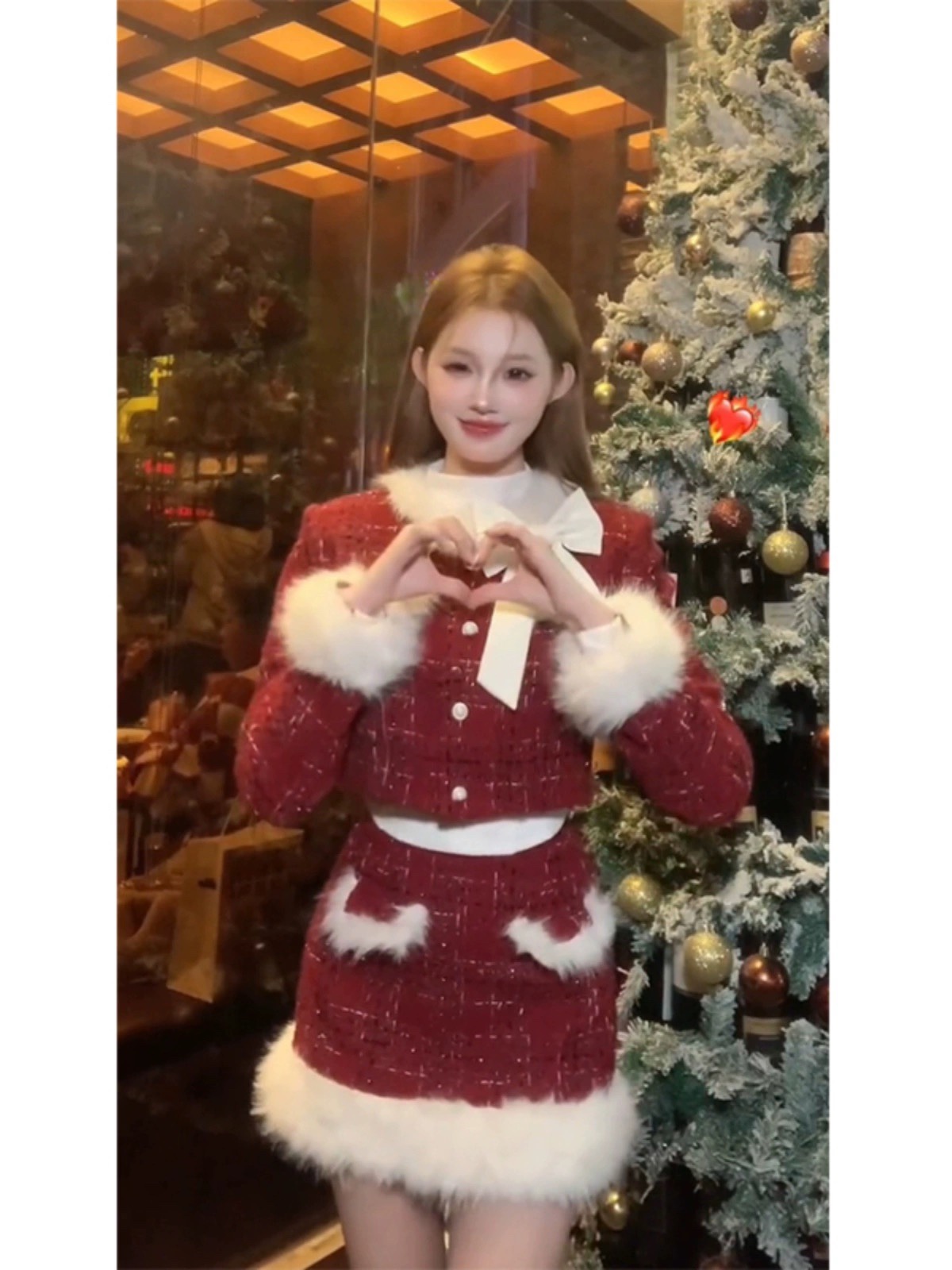 【现货】红色圣诞小香风套装裙冬季加厚夹棉外套高腰半裙两件套