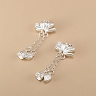 999足银3d硬银莲花吊坠diy挂件女古风纯银莲花配件编织绳材料饰品