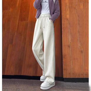高个子女士垂感直筒休闲裤 弯刀女裤 女春秋加长阔腿裤 米白色香蕉裤