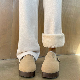 加厚加绒阔腿裤女白色裤子2025新款冬羊羔绒毛呢直筒羊毛女款棉裤