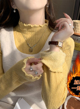 黄色半高领毛衣女秋冬2025新款内搭冬季加绒加厚打底衫一体绒上衣