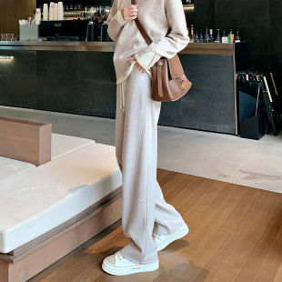 秋冬垂感加绒高腰直筒加长裤 窄版 香蕉弯刀裤 女羊毛糯米裤 子 阔腿裤