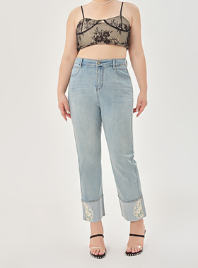 大码女装胖mm260斤蓝色做旧牛仔裤裤口印花松紧显瘦百搭直筒裤子