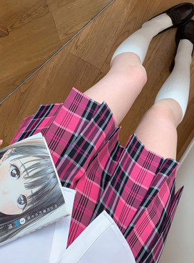 小玫/JK原创春夏校供感jk格裙学生a字半身裙学院风玫红百褶裙短裙
