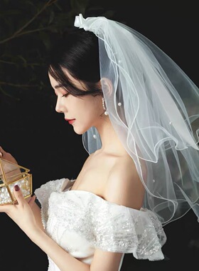头纱头饰超仙森系唯美网红拍照道具领证求婚新娘蝴蝶结蓬蓬纱白色