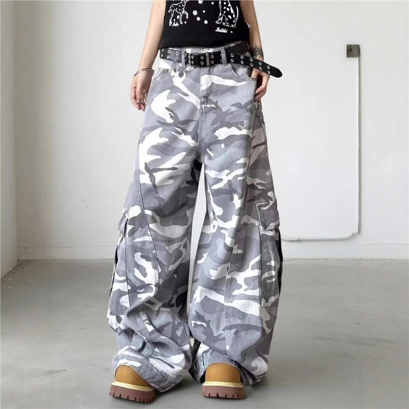 文恭子复古迷彩工装裤秋季新款宽松显瘦多口袋阔腿直筒工装牛仔裤