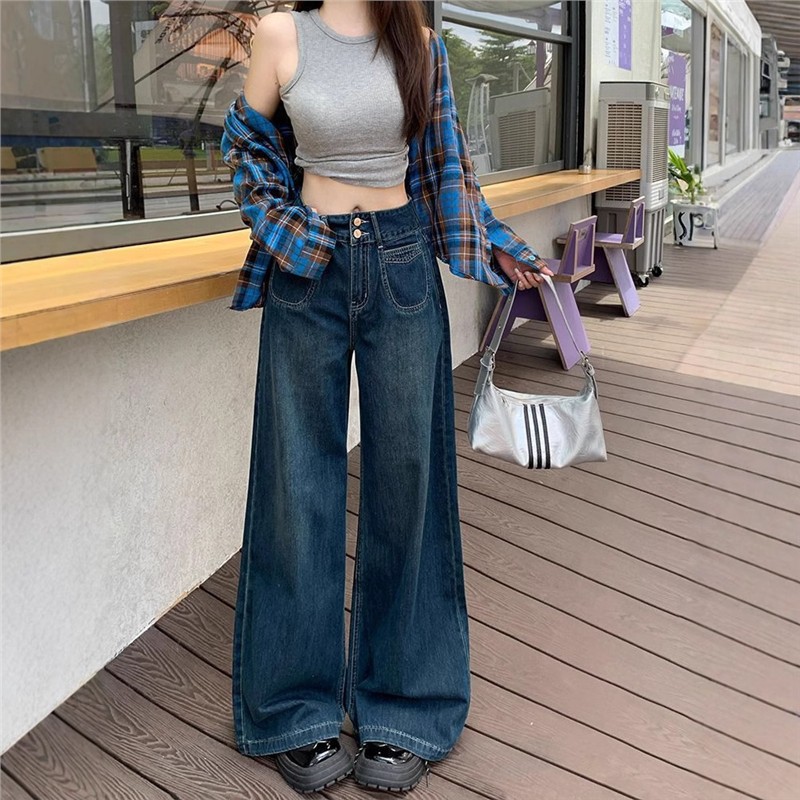 文恭子复古深蓝色阔腿牛仔裤女2025款梨形身材小个子高腰宽松显瘦