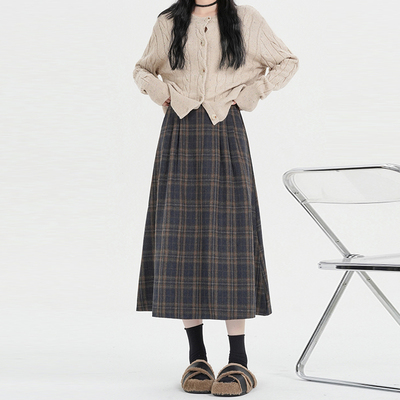 复古格子毛呢半身裙女秋冬季加厚松紧腰中长款小个子a字大摆伞裙