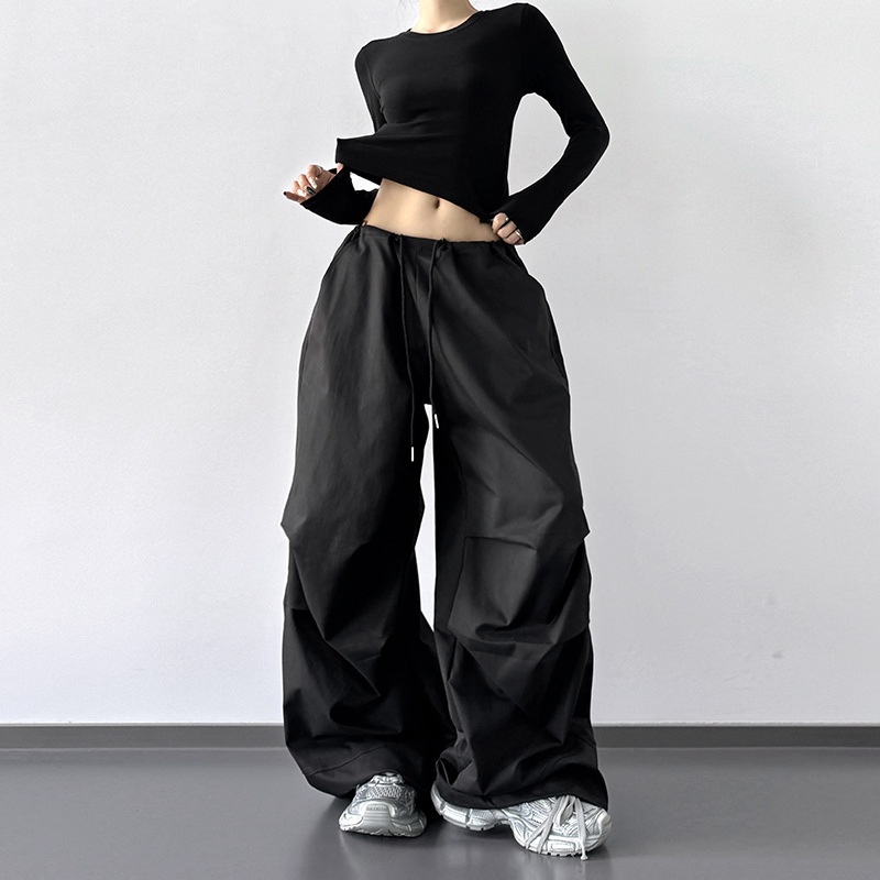 troll黑色街头阔腿工装裤女2025春秋高腰宽松显瘦休闲降落伞裤子.