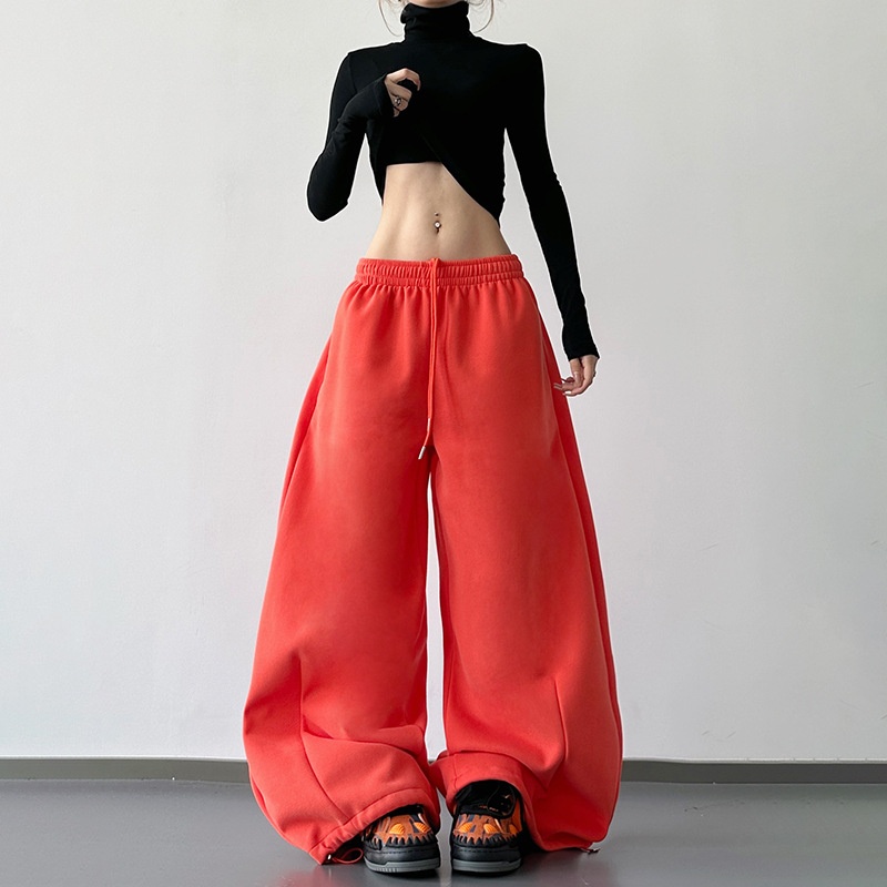 文恭子2025秋冬季新款橙色运动裤女加绒加厚松紧抽绳系卫裤阔腿裤
