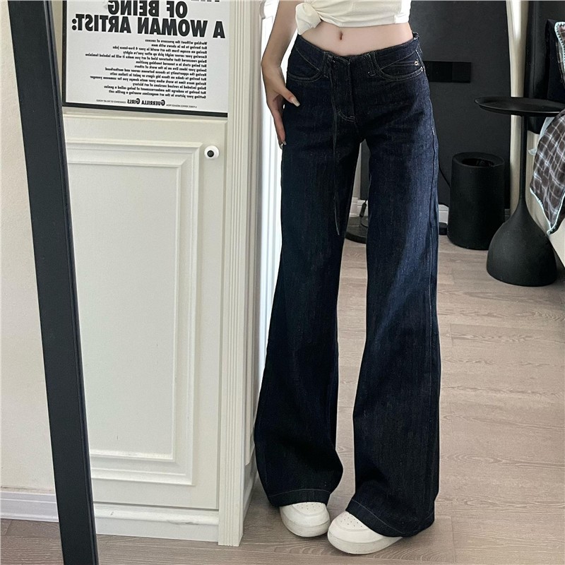 文恭子美式复古低腰深蓝色牛仔裤直筒修身显瘦垂坠感通勤百搭长裤