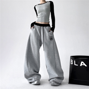 超火街头宽松弯刀休闲运动阔腿裤 秋季 子 女2025新款 文恭子灰色卫裤