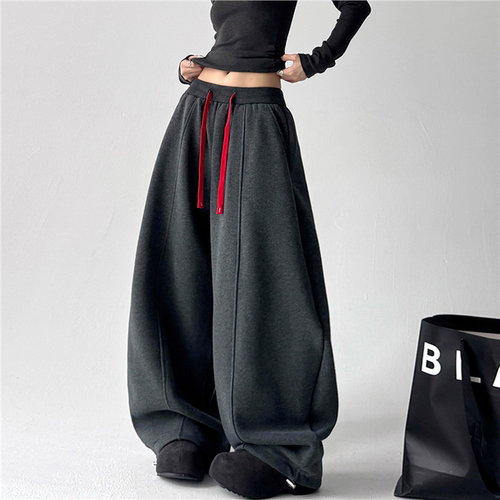 文恭子卫裤加绒加厚高腰宽松抽绳阔腿裤高级感休闲运动显瘦弯刀裤