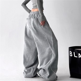 街头休闲运动宽松显瘦阔腿裤 文恭子灰色卫裤 美式 新款 子 女2025秋季