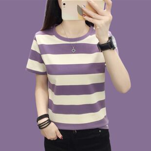 t恤女新款 气质妈妈半袖 夏装 宽松体恤衫 上百搭 条纹大码 纯棉短袖