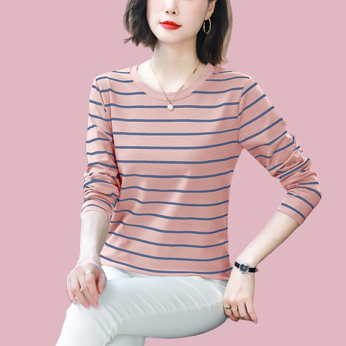 春秋装遮肚子纯棉上衣长袖t恤女宽松大码条纹秋衣薄款内搭打底衫
