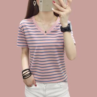 夏装 妈妈装 新款 半袖 减龄遮肚条纹体恤上衣 宽松大码 纯棉t恤女短袖