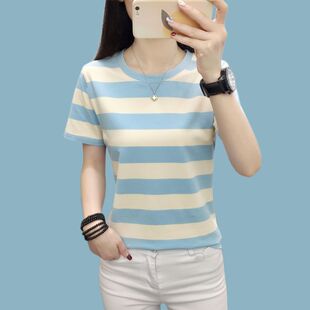 中年妈妈宽松大码 女士t恤短袖 纯棉条纹圆领半袖 新款 上衣 2025夏装