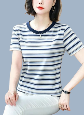 休闲风条纹短袖T恤女2026夏季新款妈妈宽松百搭纯棉圆领减龄上衣