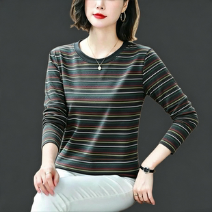 纯棉条纹长袖t恤女上衣2026春装新款中年妈妈打底衫宽松大码遮肚