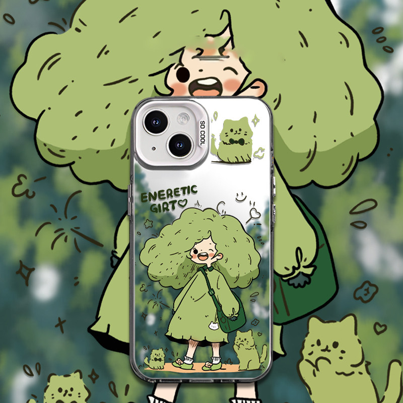 适用于苹果15promax磨砂轻奢潮款绿头发女孩彩银网红苹果13简约苹果14promax动漫12Pro硬壳MiNi手机壳苹果11L