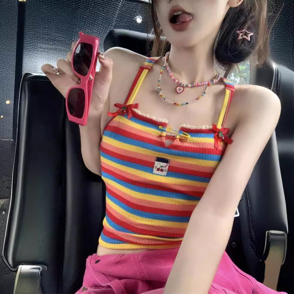多巴胺甜辣妹交叉绑带女生法式小众吊带背心外穿无袖条纹设计上衣